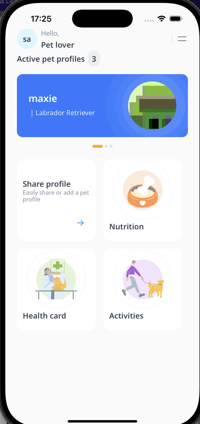 Petezy home hub with pet profiles, nutrition and activity tiles